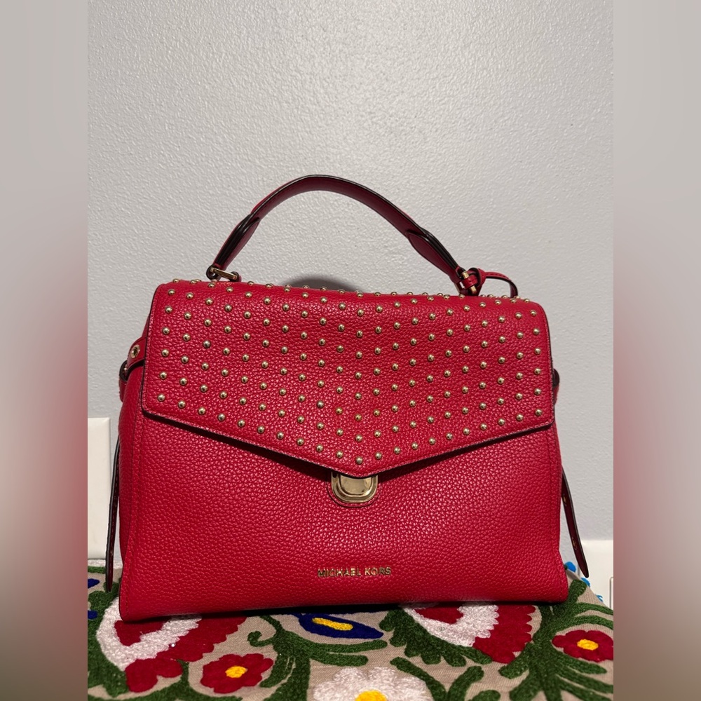 MICHAEL KORS red Bristol Medium Studded Leather Satchel crossbody bag - Picture 3 of 11